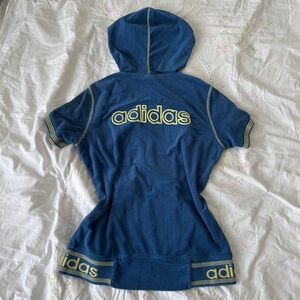RARE Adidas Blue Hooded Terry Cloth Sweater with Yellow Accents
